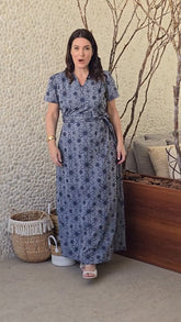 Vestido Longo Poliéster Algodão Listrado Com Bordado Marinho