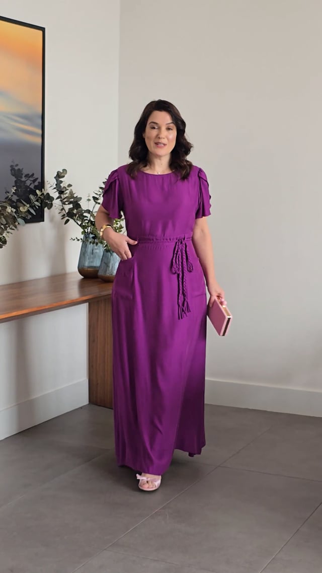 Vestido Longo Poliviscose Com Cinto Trança Roxo