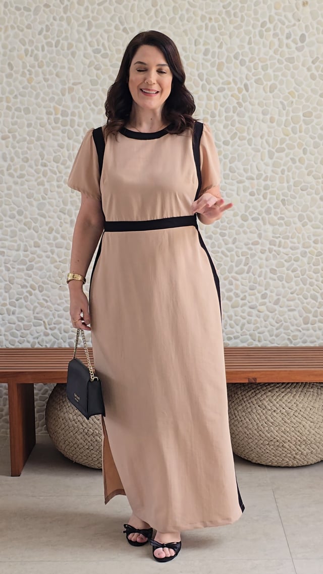 Vestido Longo Poliviscose Encorpado Bicolor Marrom