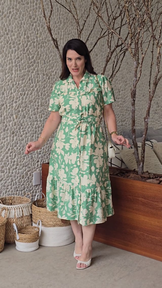 Vestido Midi Crepe Encorpado Estampado Verde